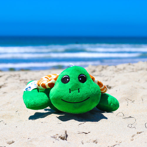 Shelly the Sea Turtle Stuffed Animal made from recycled plastic bottles Shore Buddies on the beach